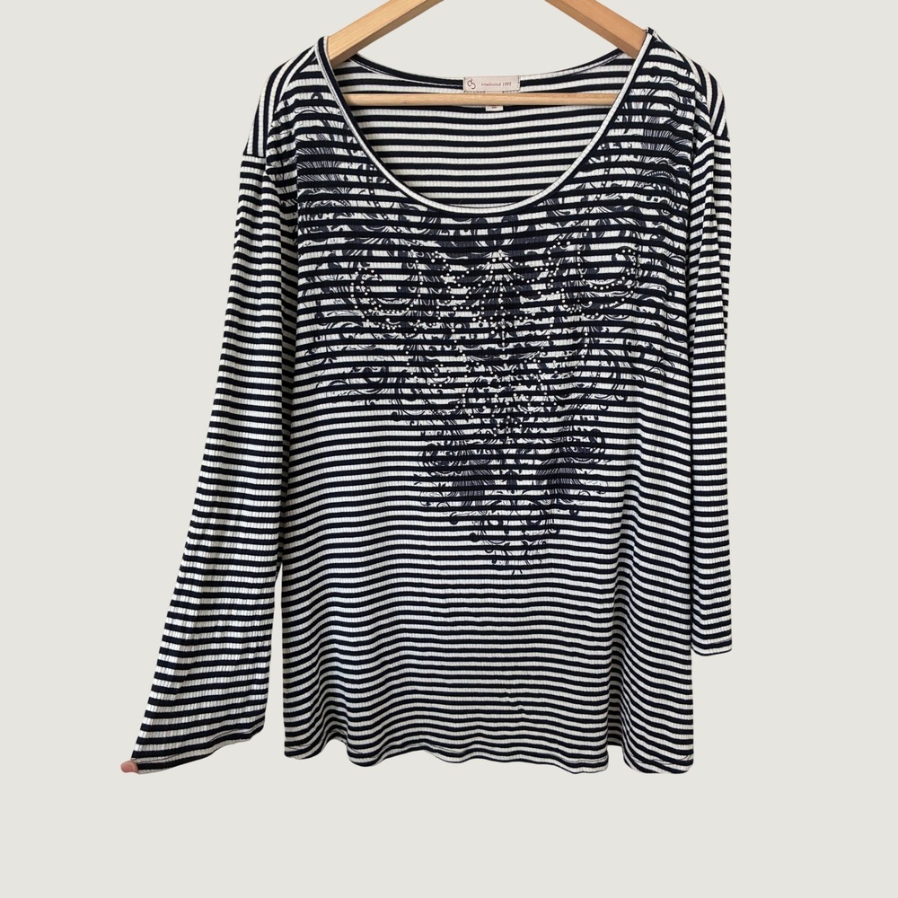 C&B established 1962 Striped Long Sleeve Top Navy White Rhinestone 2X